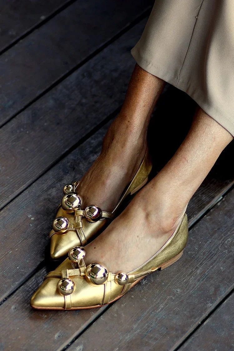 Metallic Gold Pointed-Toe Flats with Round Studs