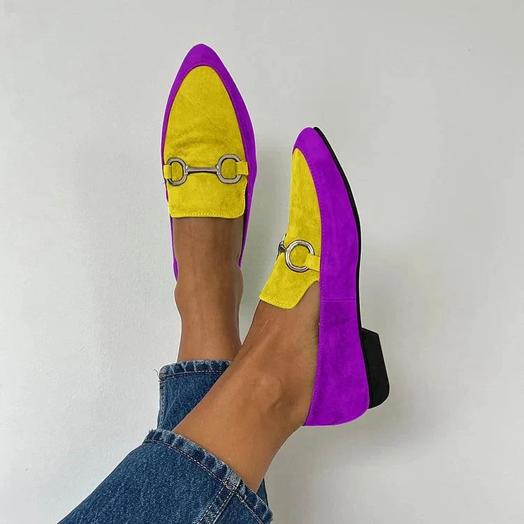 Retro Matt Colour-Block Pointed-Toe Flats with Buckle