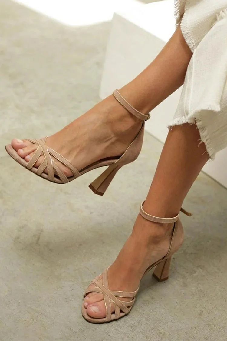Brown Patchwork Peep-Toe Stilettos with Ankle Strap and Buckle