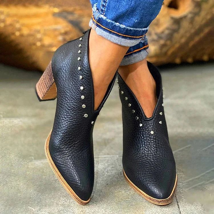 Elegant Black Pointed-Toe Block-Heel Boots with V-Cut