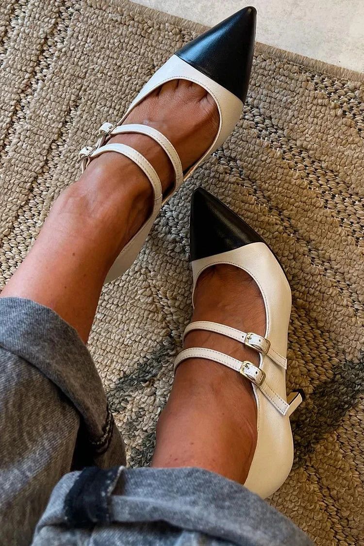 White Colour-Block Pointed-Toe Stilettos with Double Straps and Buckles