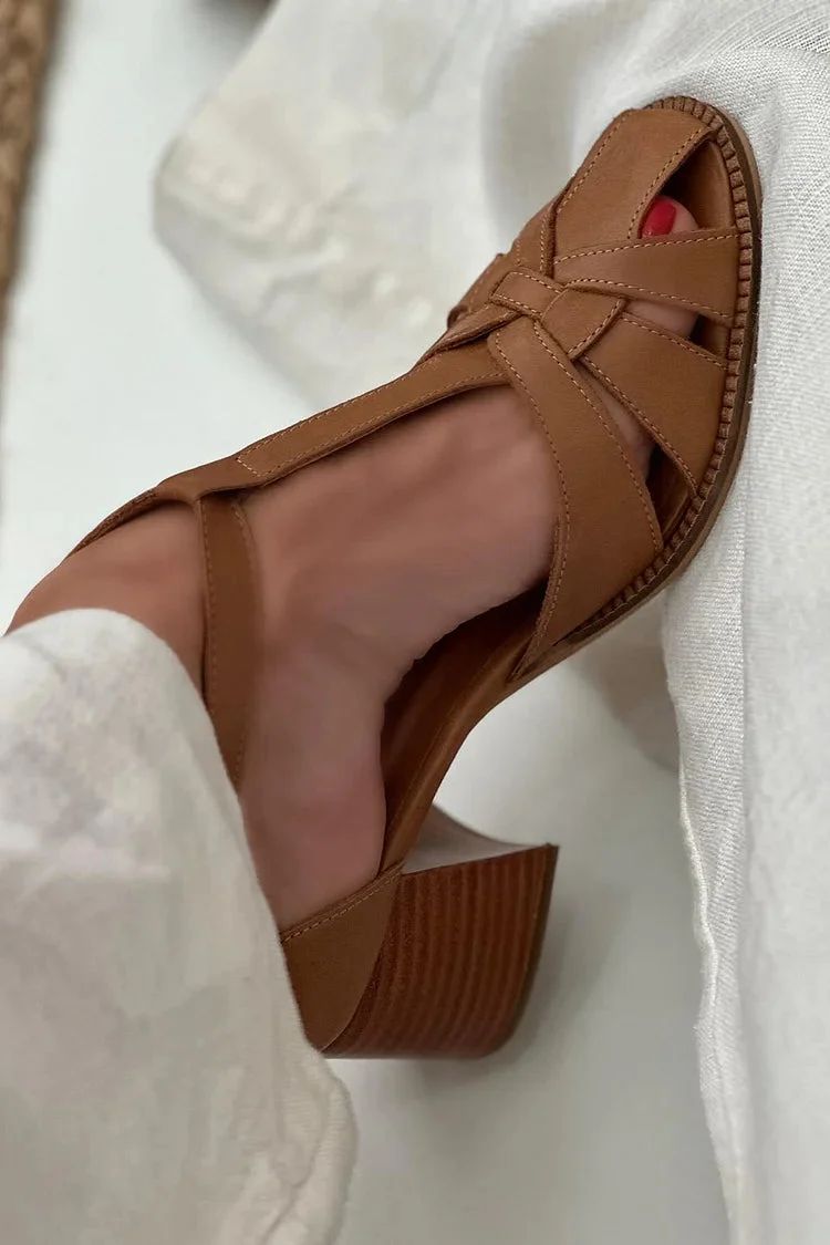 Brown Woven Cut-Out Block Heels with Buckle and T-Bar Strap
