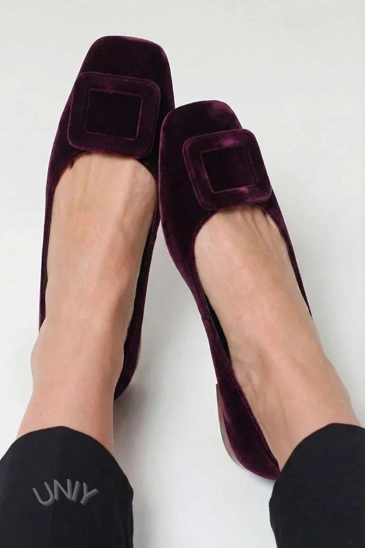 Velvet Square-Toe Flats with Buckle