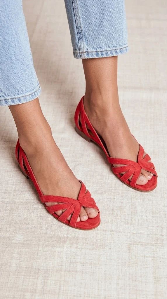 Red Suede Flats with Straps, Open Toe and Closed Back