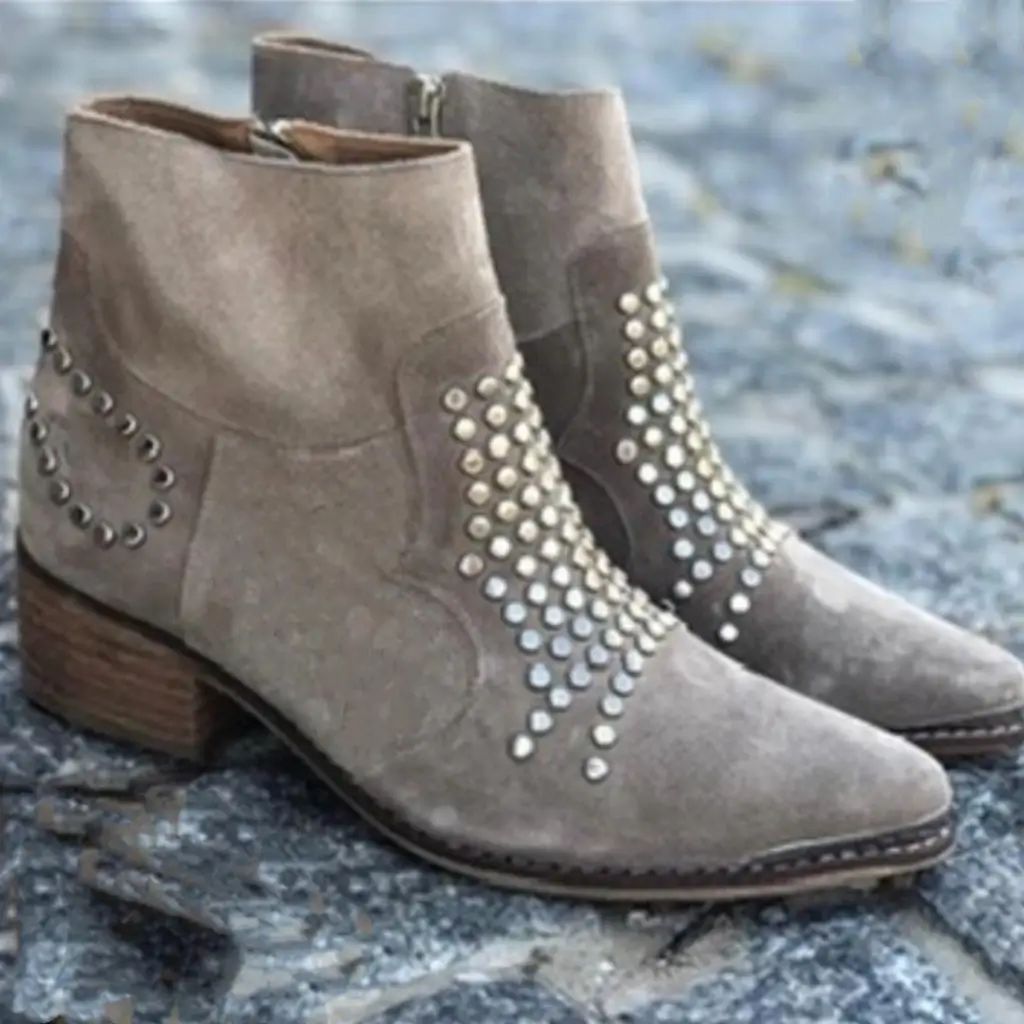 Suede Pointed-Toe Chunky-Heel Boots with Studs
