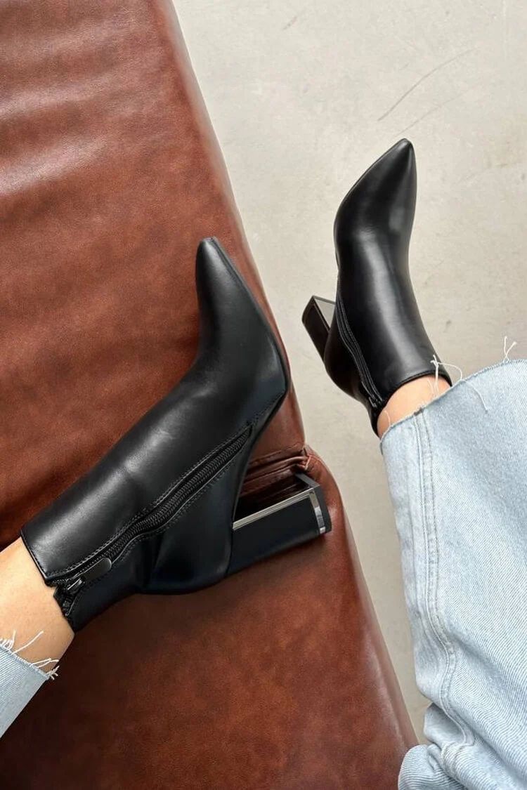 Elegant Black Faux Leather Ankle Boots with Low Heel and Pointed Toe