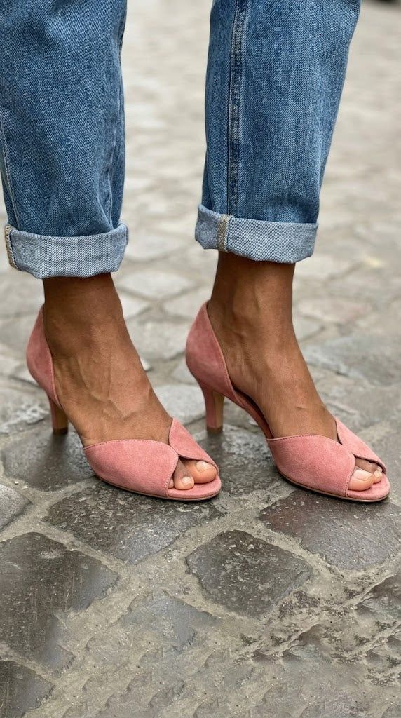 Pink Suede Peep-Toe D'Orsay Kitten Heels