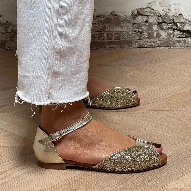 Gold Glitter Patchwork Peep-Toe Sandals with Ankle Strap and Buckle