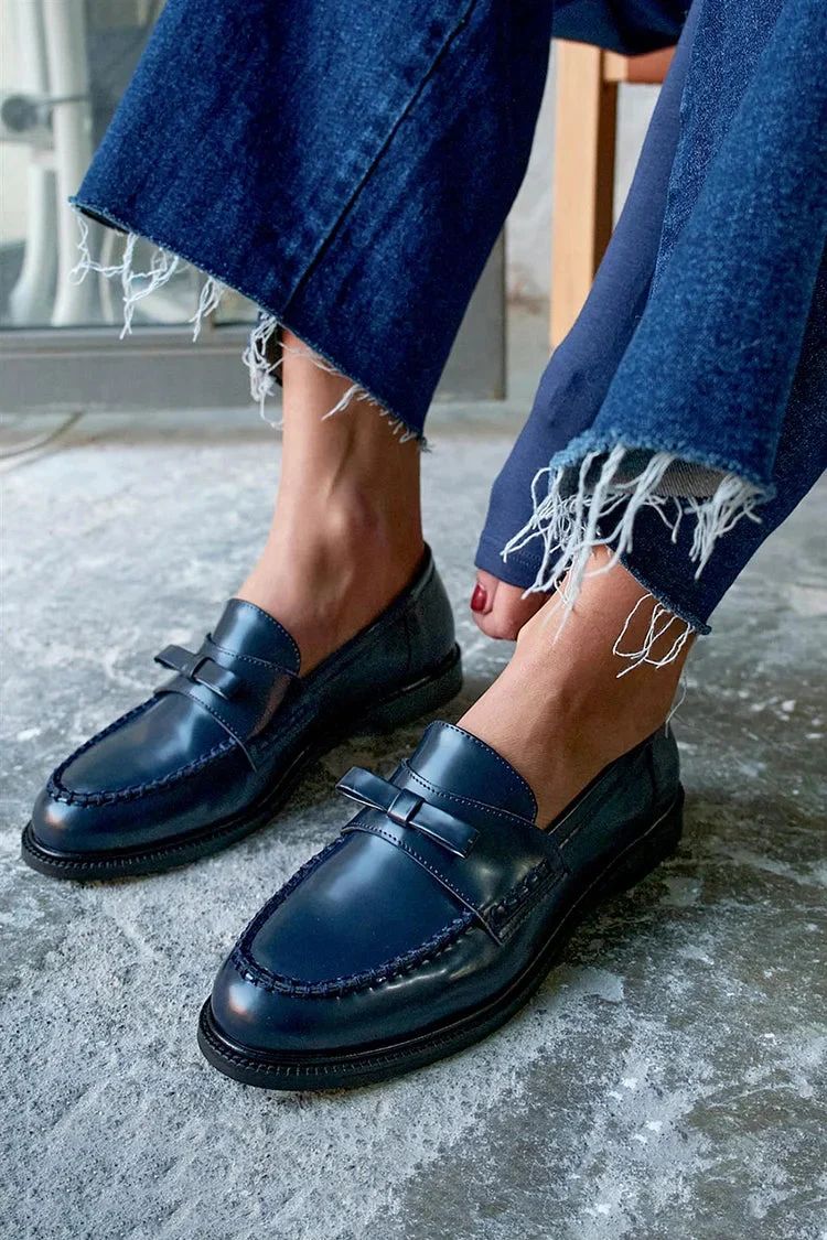 Navy Round-Toe Loafers with Patchwork Design and Decorative Bow