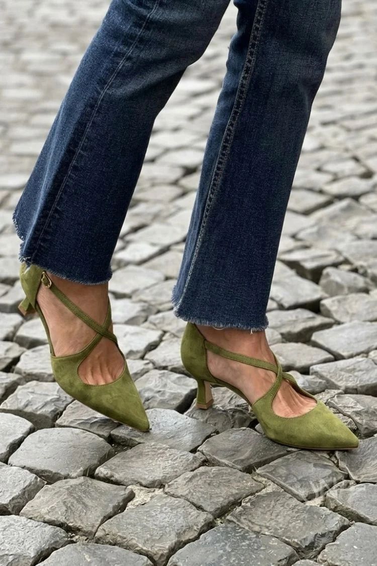 Khaki Solid-Colour Pointed-Toe Low Heels with Buckle and Crossover Straps