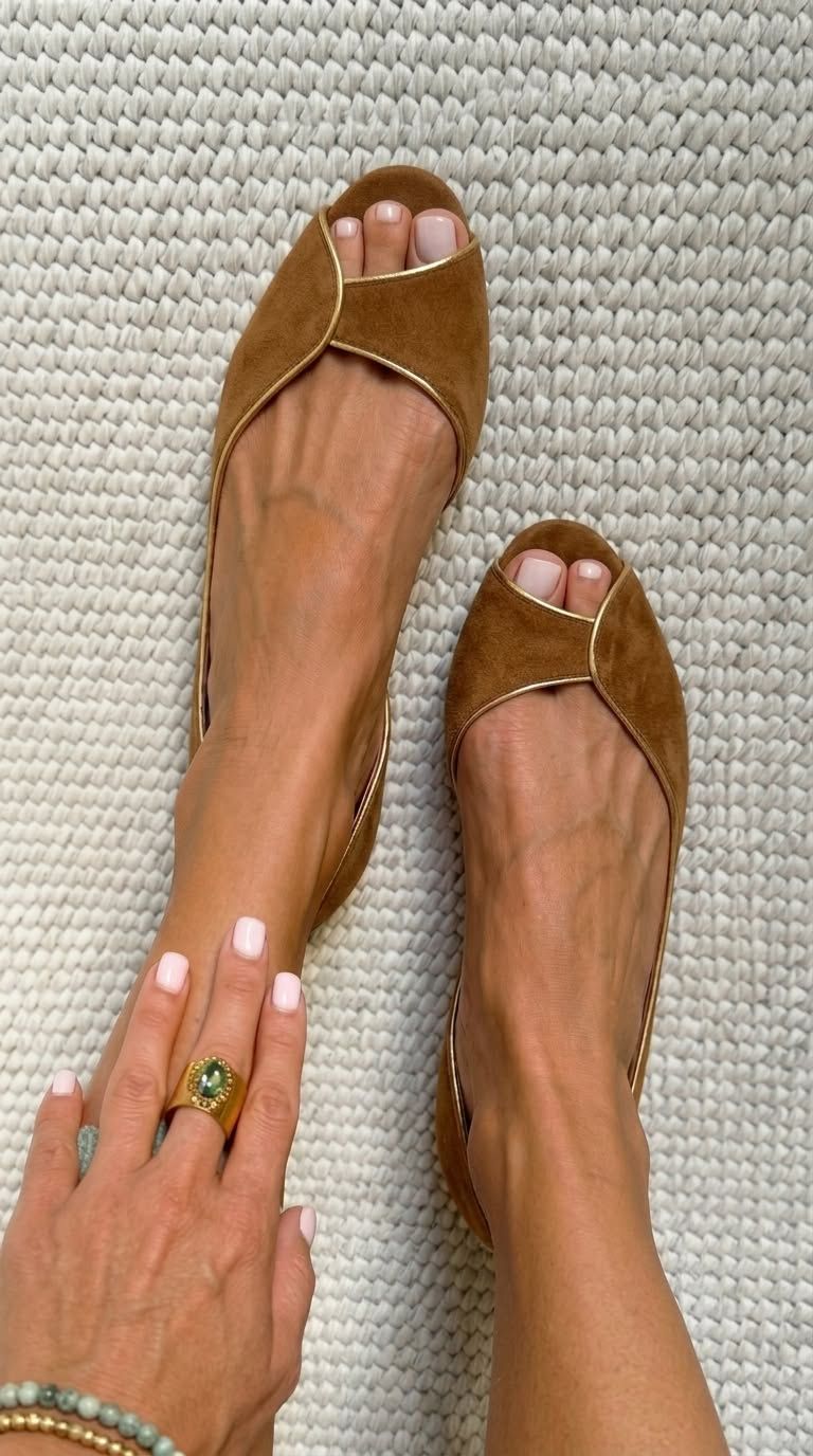 Beige and Gold Suede Open-Toe D'Orsay Flats