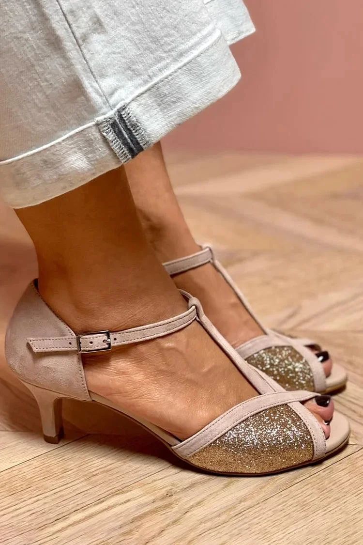 Taupe Glitter Low Heels with T-Bar Strap and Patchwork Open Toe