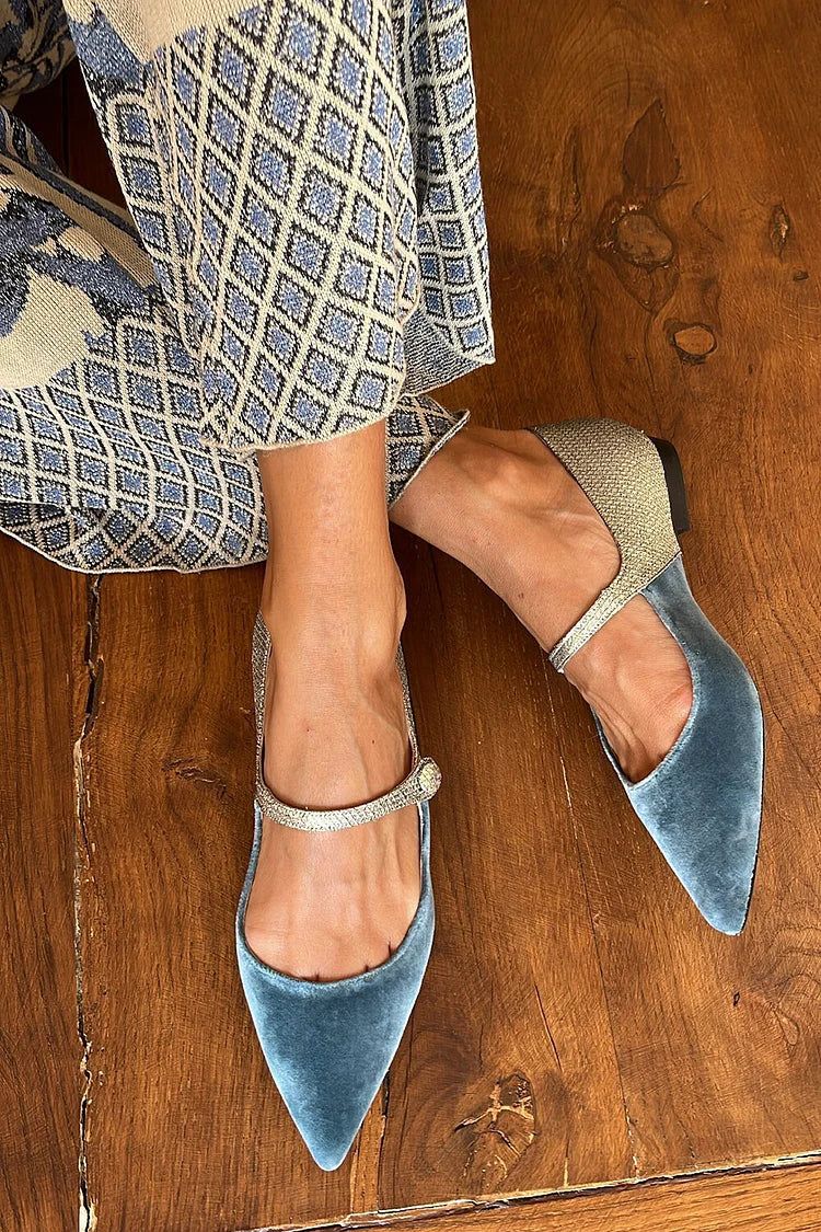 Blue Patchwork Pointed-Toe Flats with Buckled Instep Strap