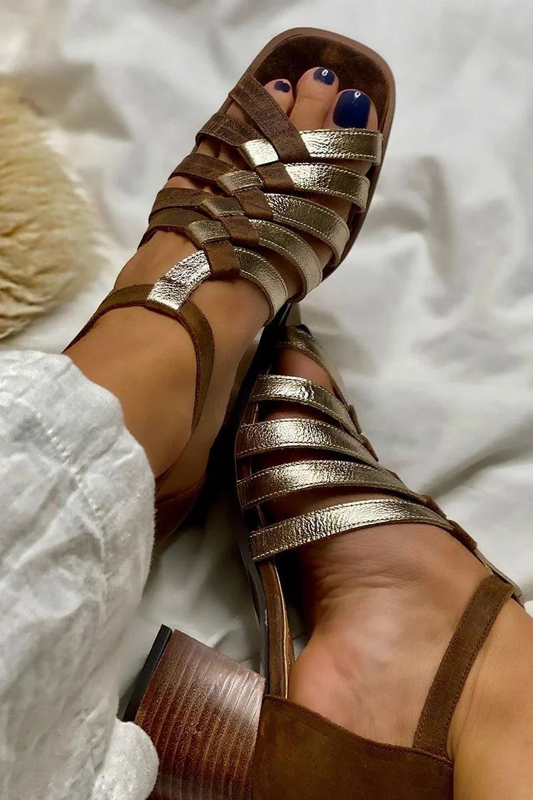 Brown Asymmetric Sandals with Woven Straps and Cut-Out Chunky Heel