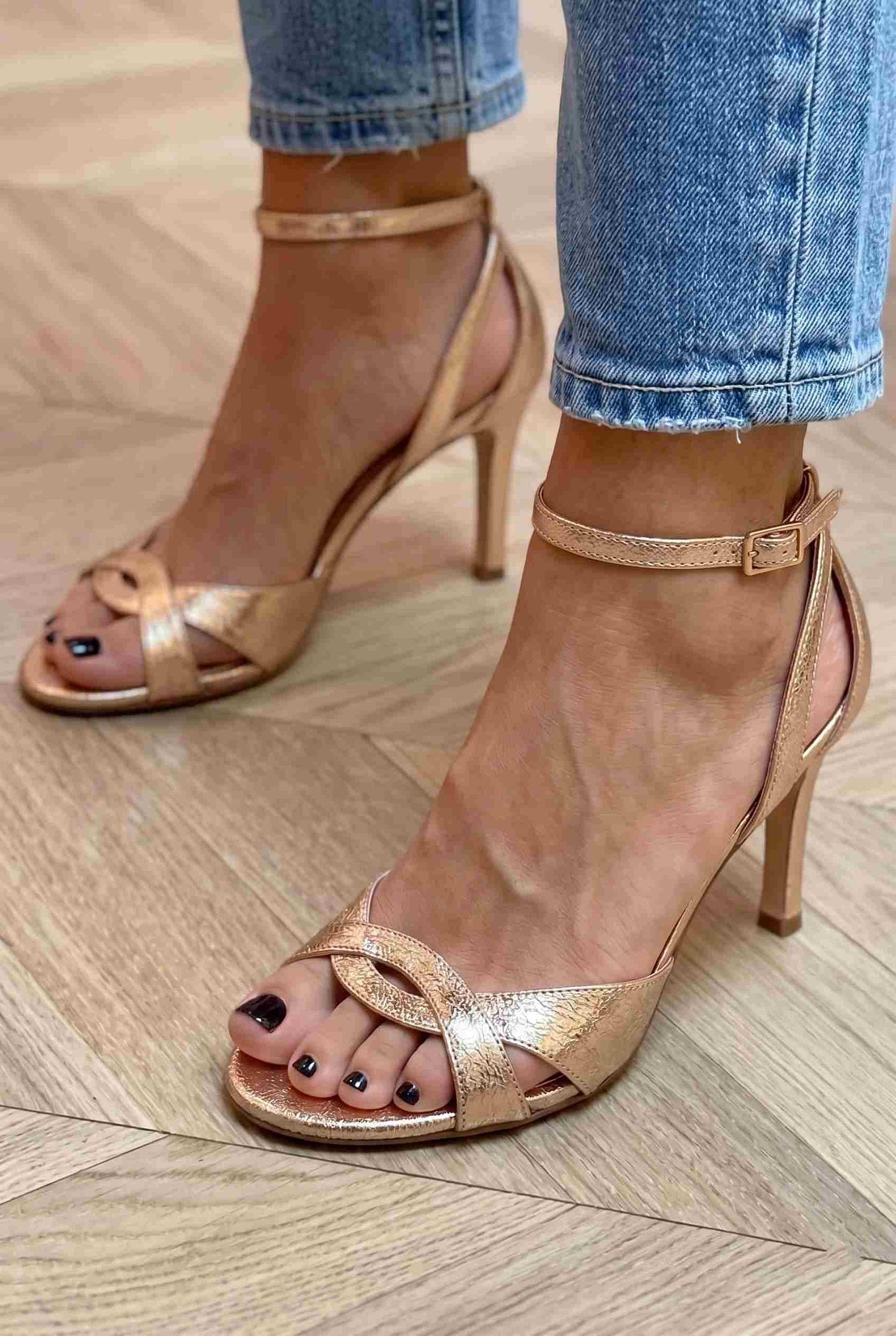 Metallic Rose Gold Strappy Open-Toe Stiletto Court Shoes