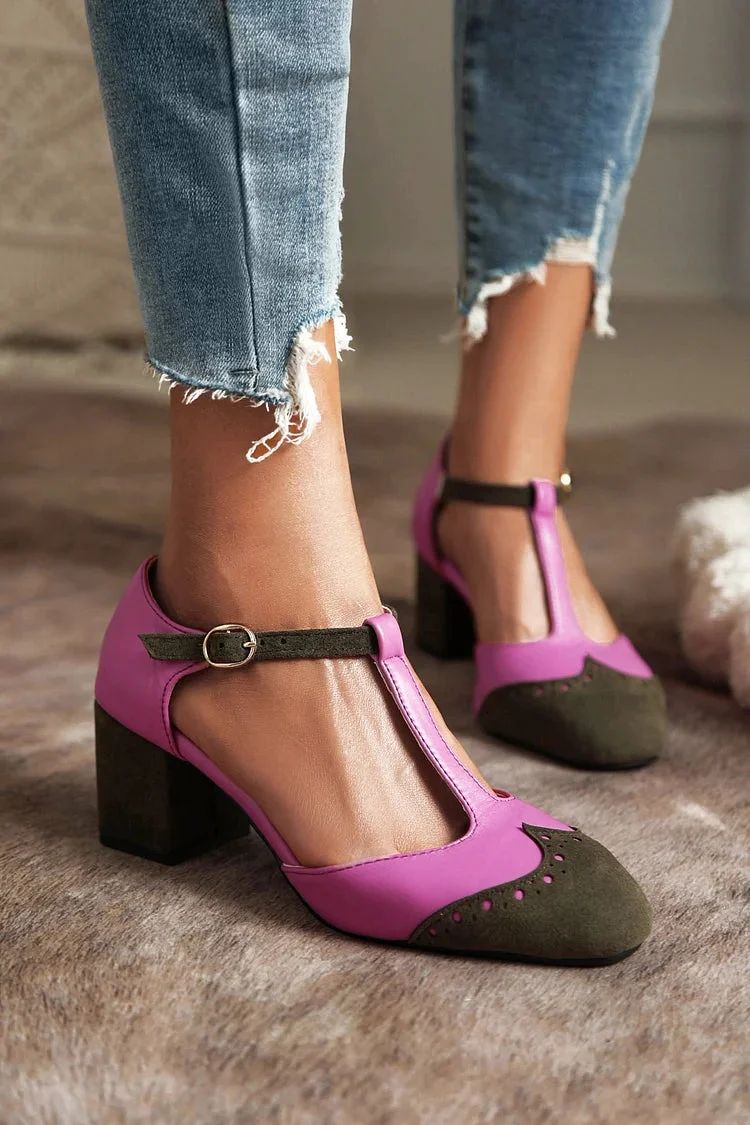 Green Faux Leather Cut-Out Chunky Heels with Closed Toe