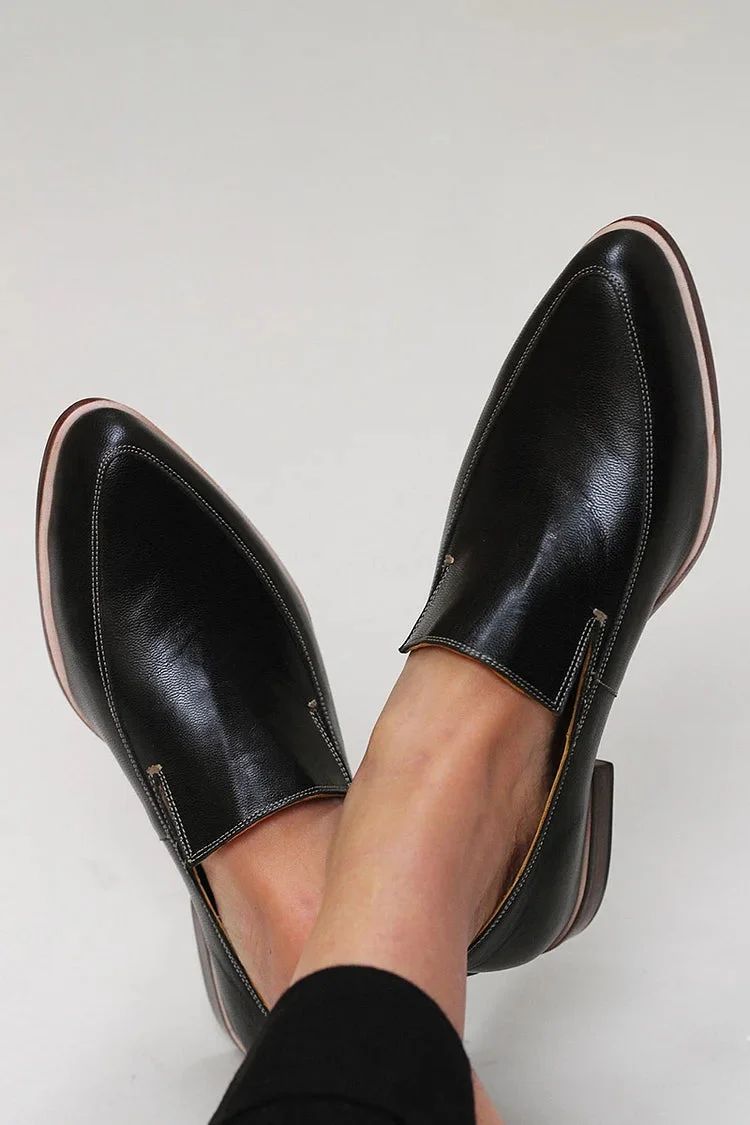 Daily Seam Black Solid-Colour Pointed-Toe Loafers