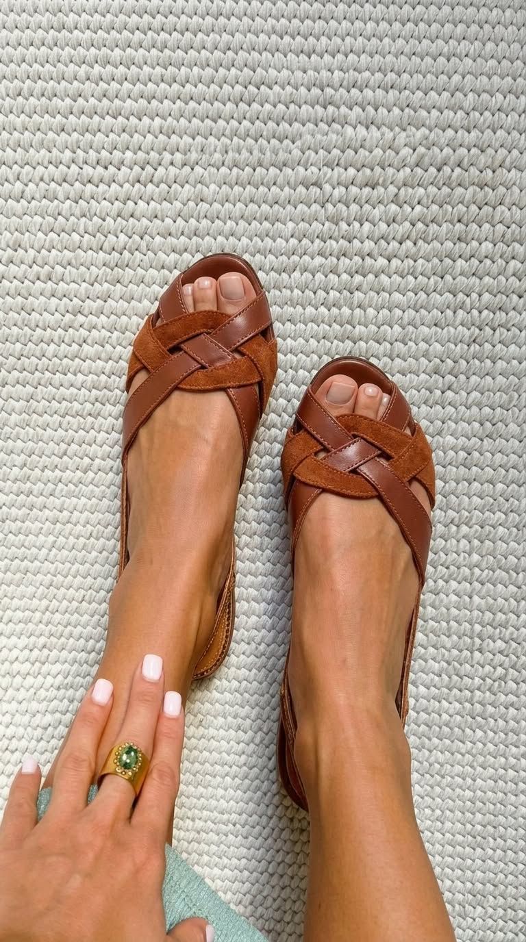 Brown Flat Open-Toe Sandals with Crossover Heel Strap