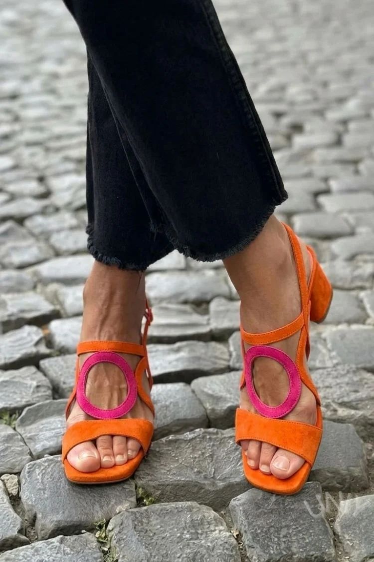 Yellow Cut-Out Square-Toe Slingback Heeled Sandals