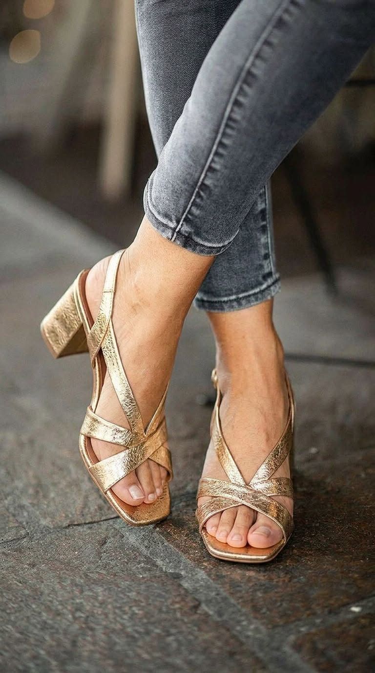 Metallic Gold Square-Toe Slingback Block Heels