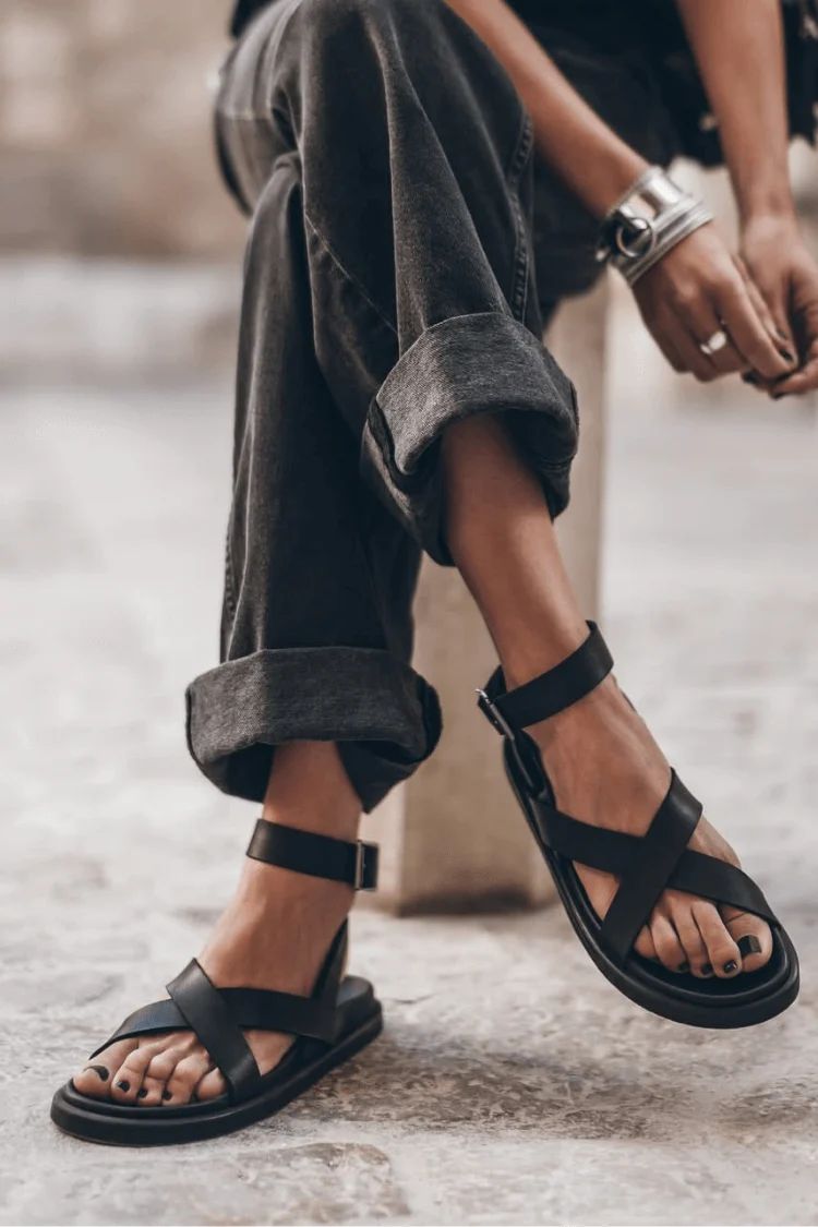 Matt Faux Leather Open-Toe Sandals with Ankle Strap and Crossover Straps