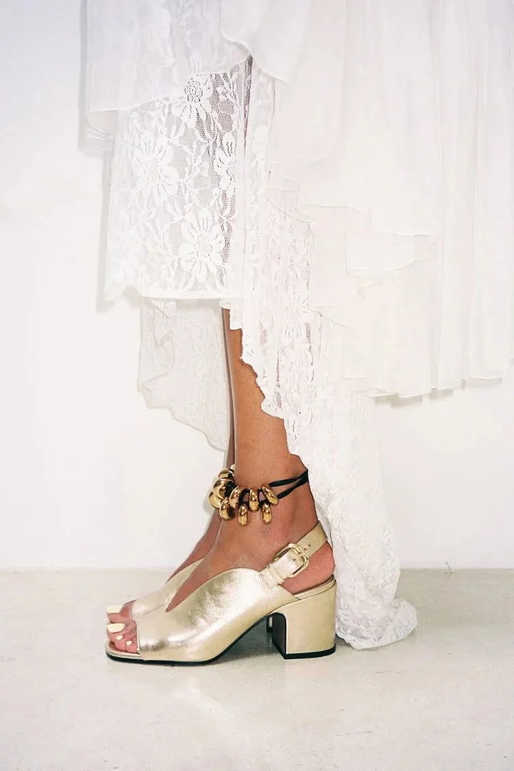 Shiny Metallic Gold Peep-Toe Slingback Block Heels