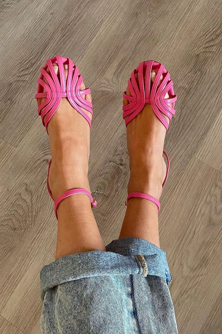 Solid-Colour Round-Toe Cut-Out Flats with Ankle Strap
