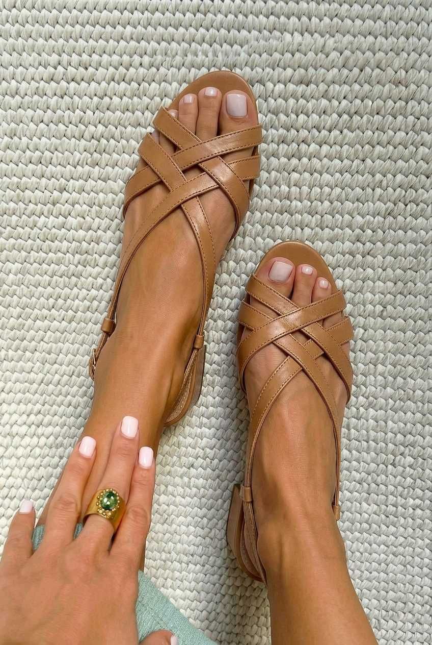 Bronze Flat Sandals with Crossover Straps, Open Toe and Back Strap