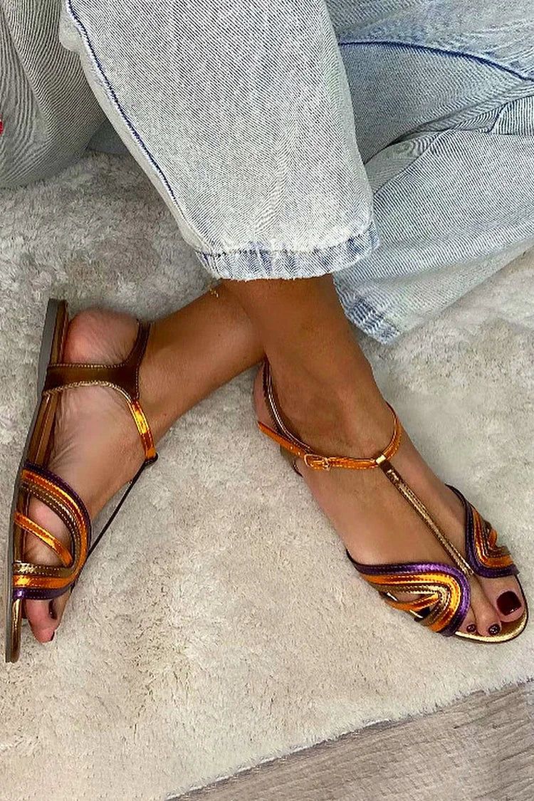 Multicolour and Gold Peep-Toe Sandals with Buckle and T-Bar Strap