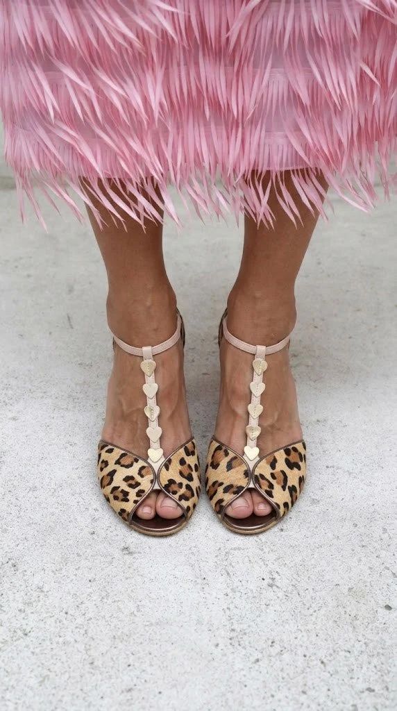 Pink Leopard-Print Peep-Toe Heels with T-Bar Strap and Heart