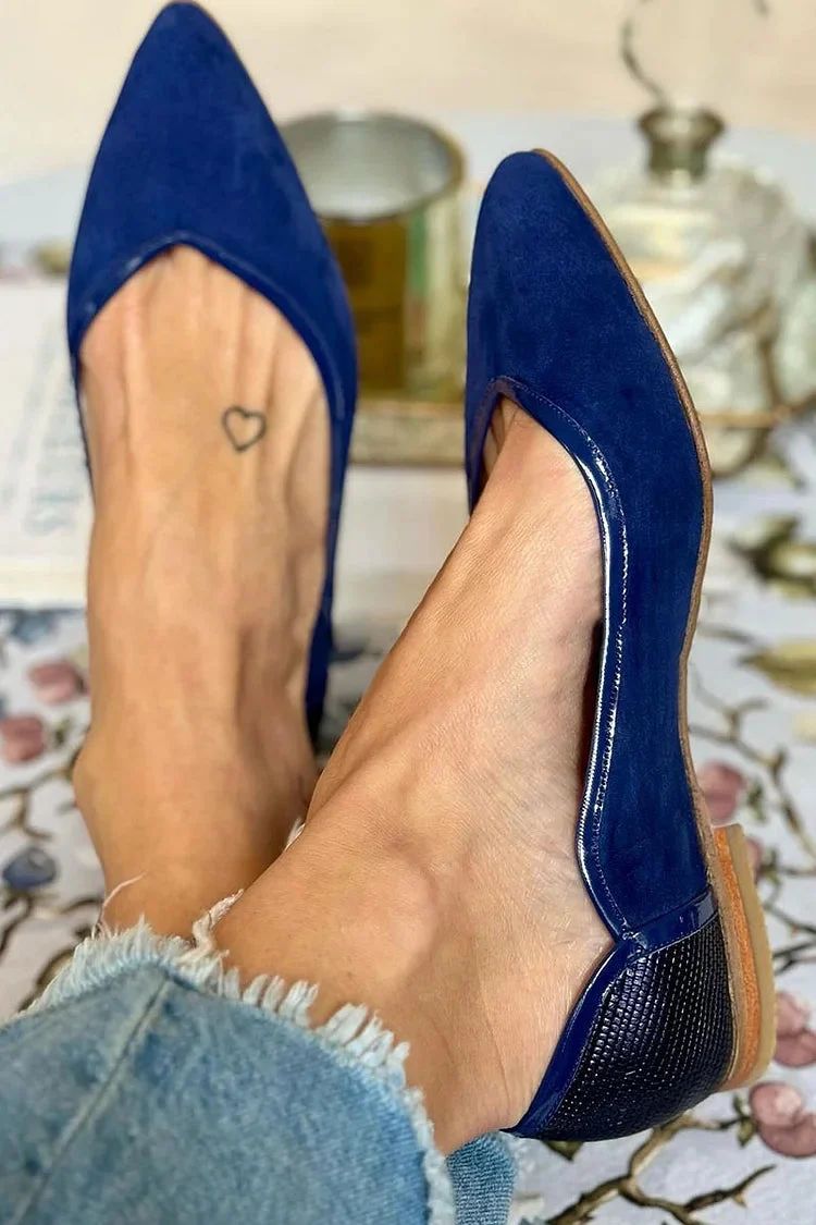 Elegant Navy Snakeskin-Print Patchwork Pointed-Toe Flats