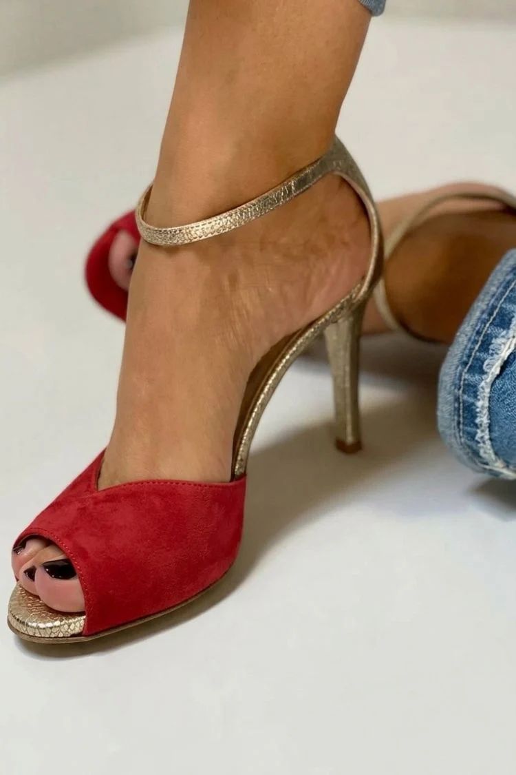 Glitter Open-Toe Stilettos with Ankle Strap and Buckle