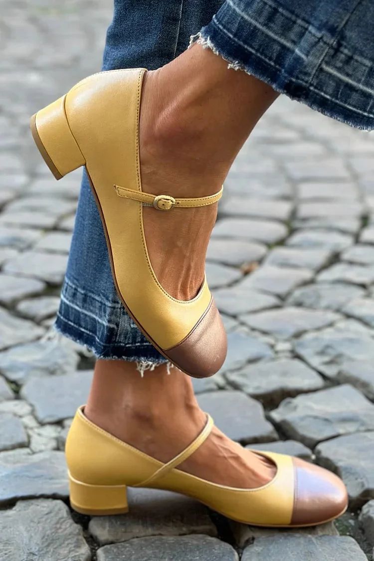 Yellow Colour-Block Block Heels with Square Toe and Instep Strap