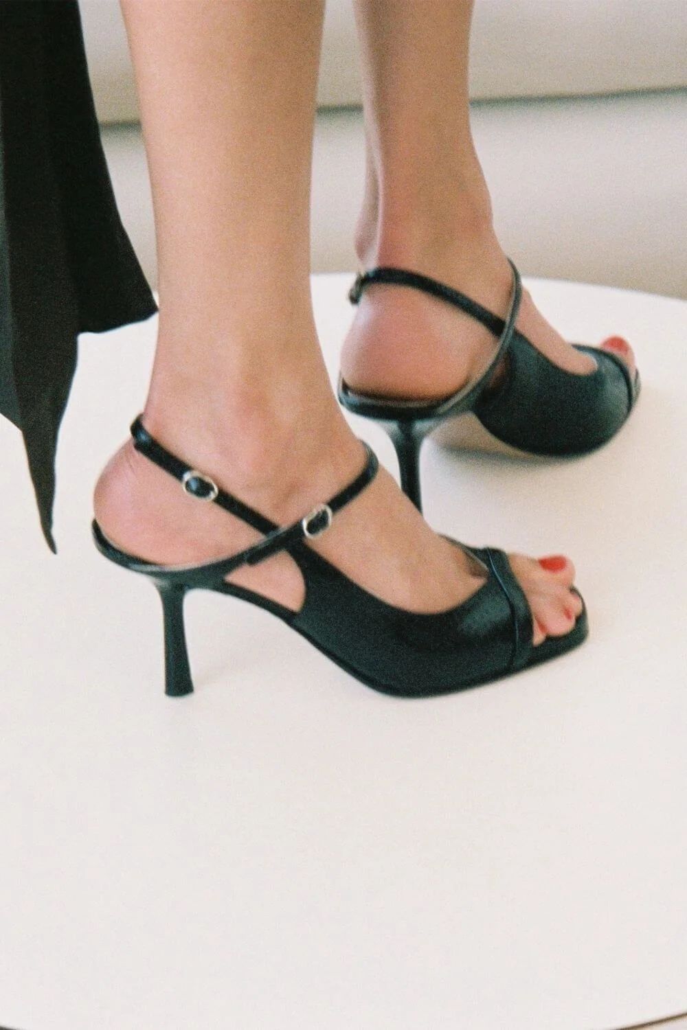 Black Snakeskin-Print Stilettos with Open Toe and Heel Strap