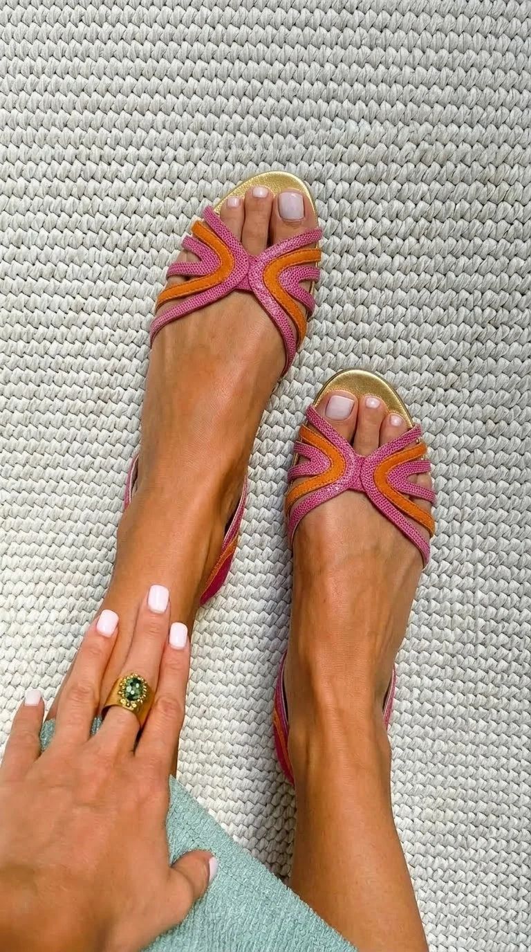 Orange and Pink Strappy Flat Peep-Toe Sandals