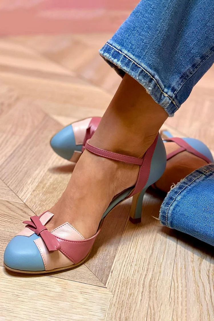 Blue Stiletto Court Shoes with Bow, Closed Round Toe and Ankle Strap
