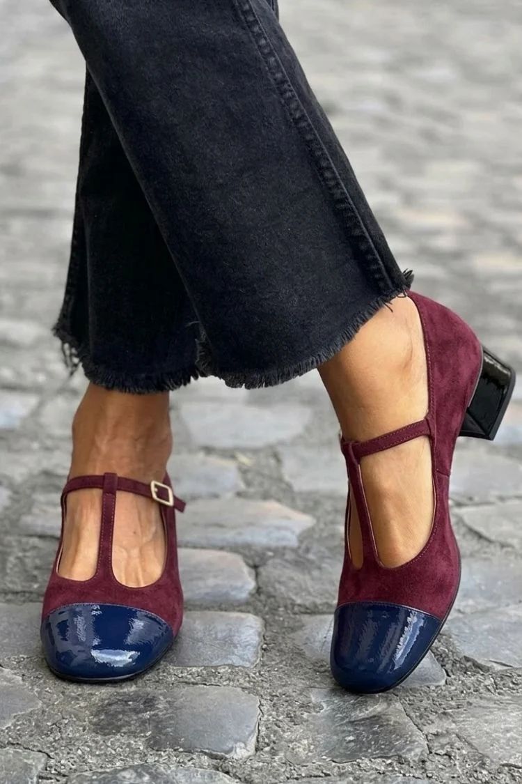 Purple Colour-Block Round-Toe Block Heels with Buckle and T-Bar Strap