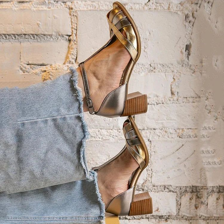 Comfortable Metallic Gold Open-Toe Block Heels with Buckle, T-Bar Strap and Crossover Straps