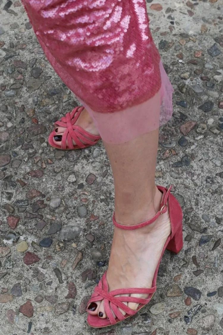 Pink Suede Open-Toe Strappy Heels with Ankle Strap