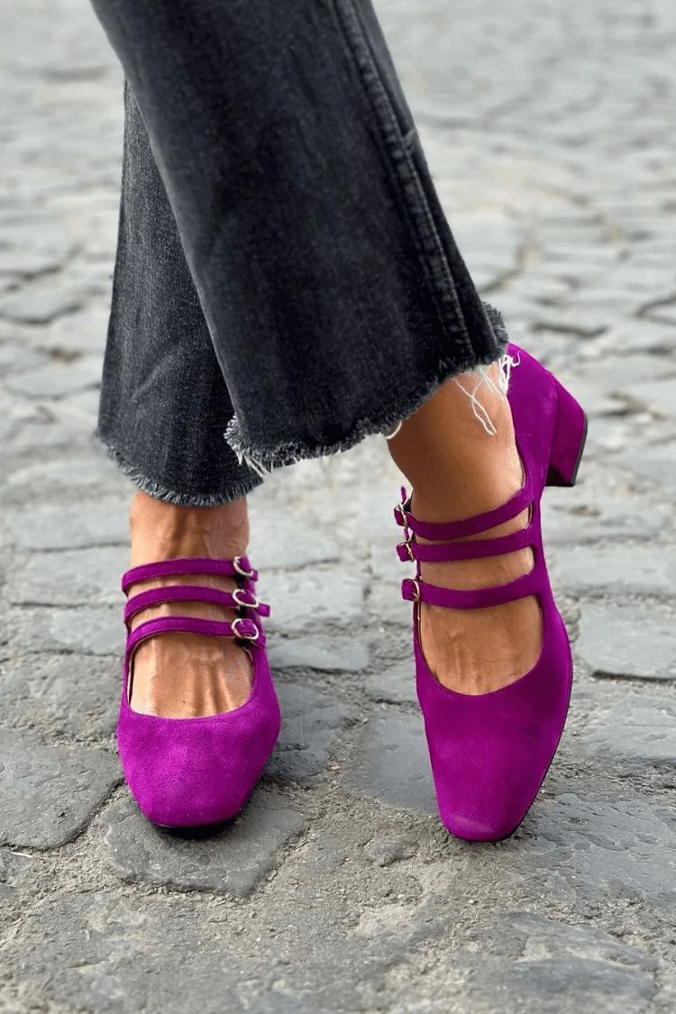 Purple Square-Toe Block Heels with Buckle