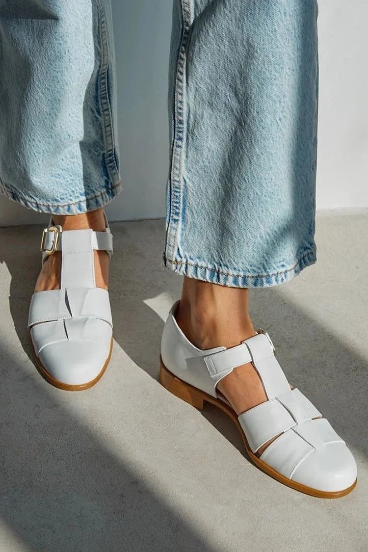 White Crochet Sandals with T-Bar Strap, Buckle and Closed Toe