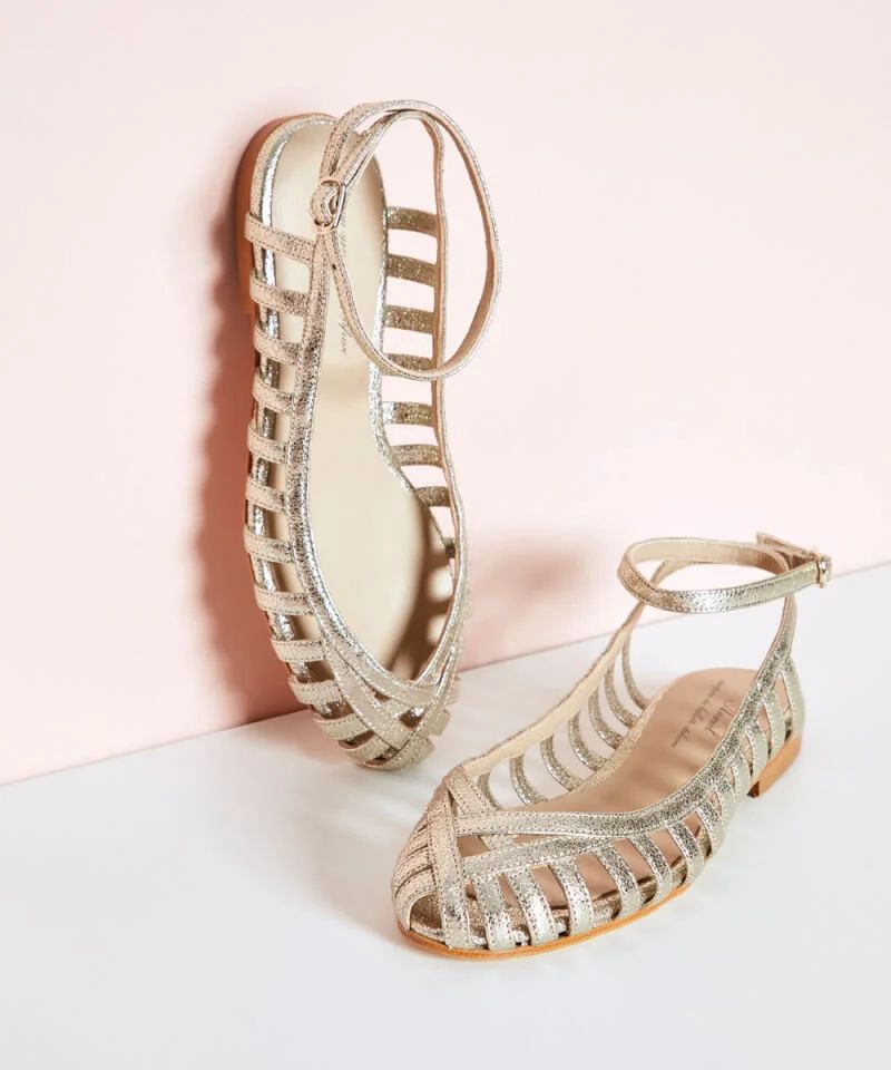 Silver Cut-Out Round-Toe Sandals with Ankle Strap