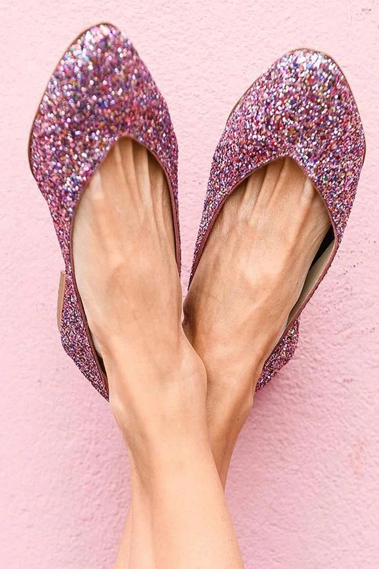 Purple Pointed-Toe Slip-On Flats with Glittering Sequins
