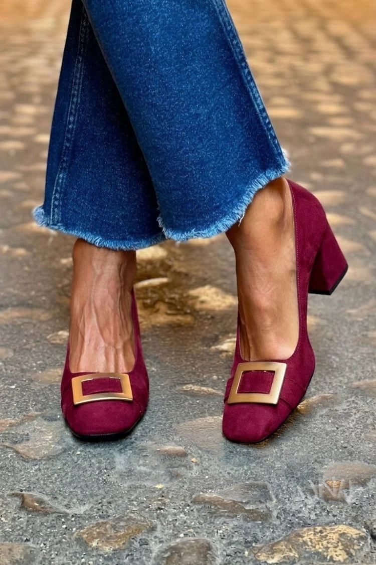 Navy Patchwork Square-Toe Block Heels