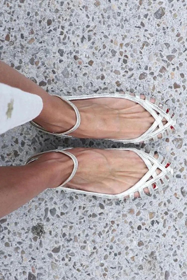 Silver Cut-Out Round-Toe Sandals with Ankle Strap