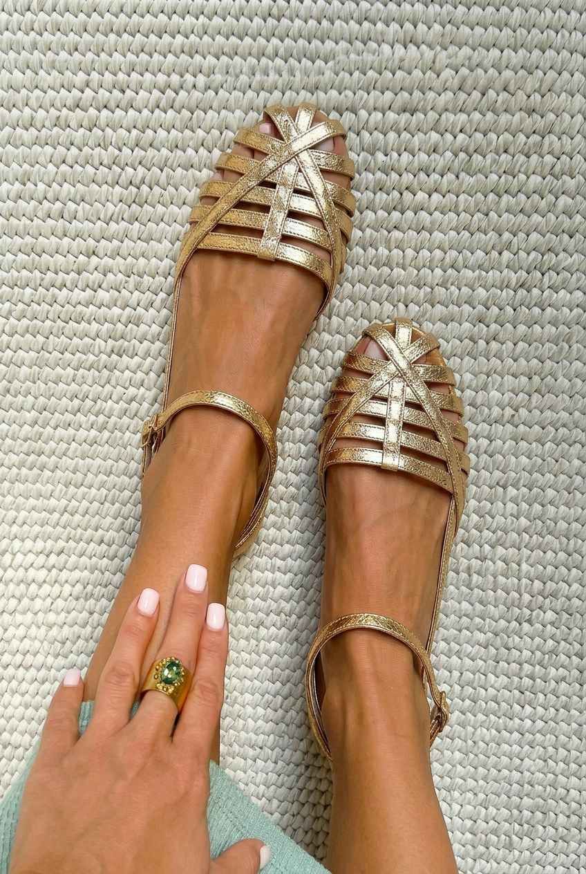 Flat Closed-Toe Cage Sandals with Ankle Strap