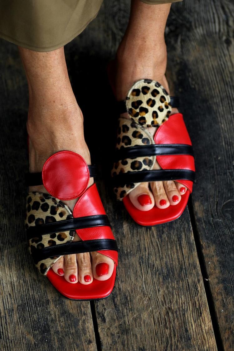 Red Leopard-Print Colour-Block Square-Toe Slides