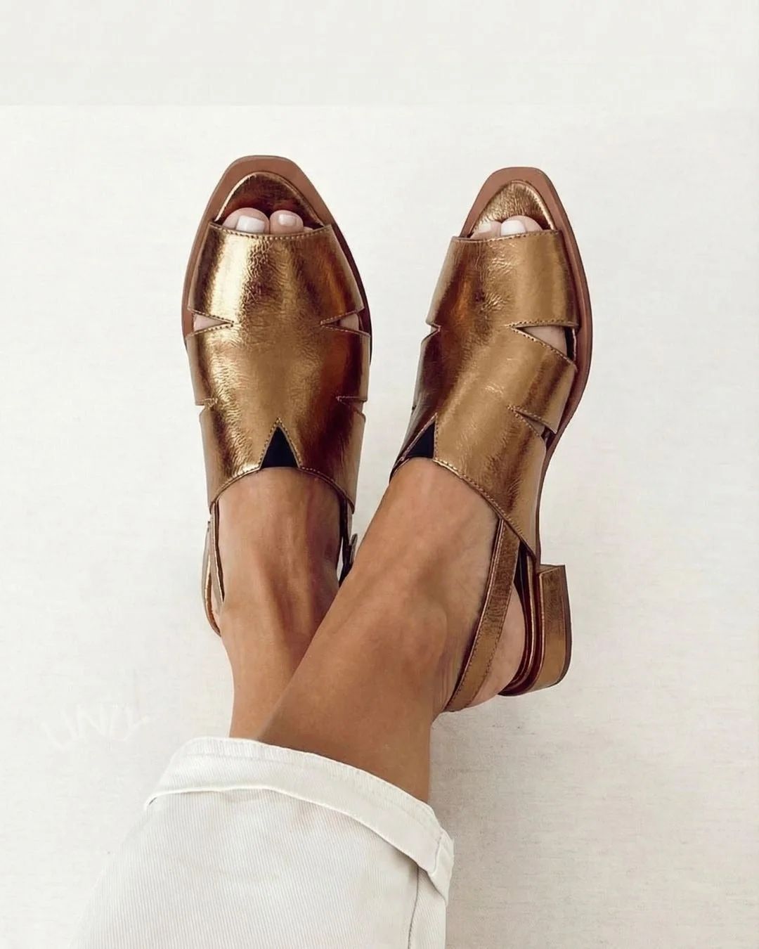 Metallic Gold Flat Peep-Toe Cut-Out Slingback Sandals
