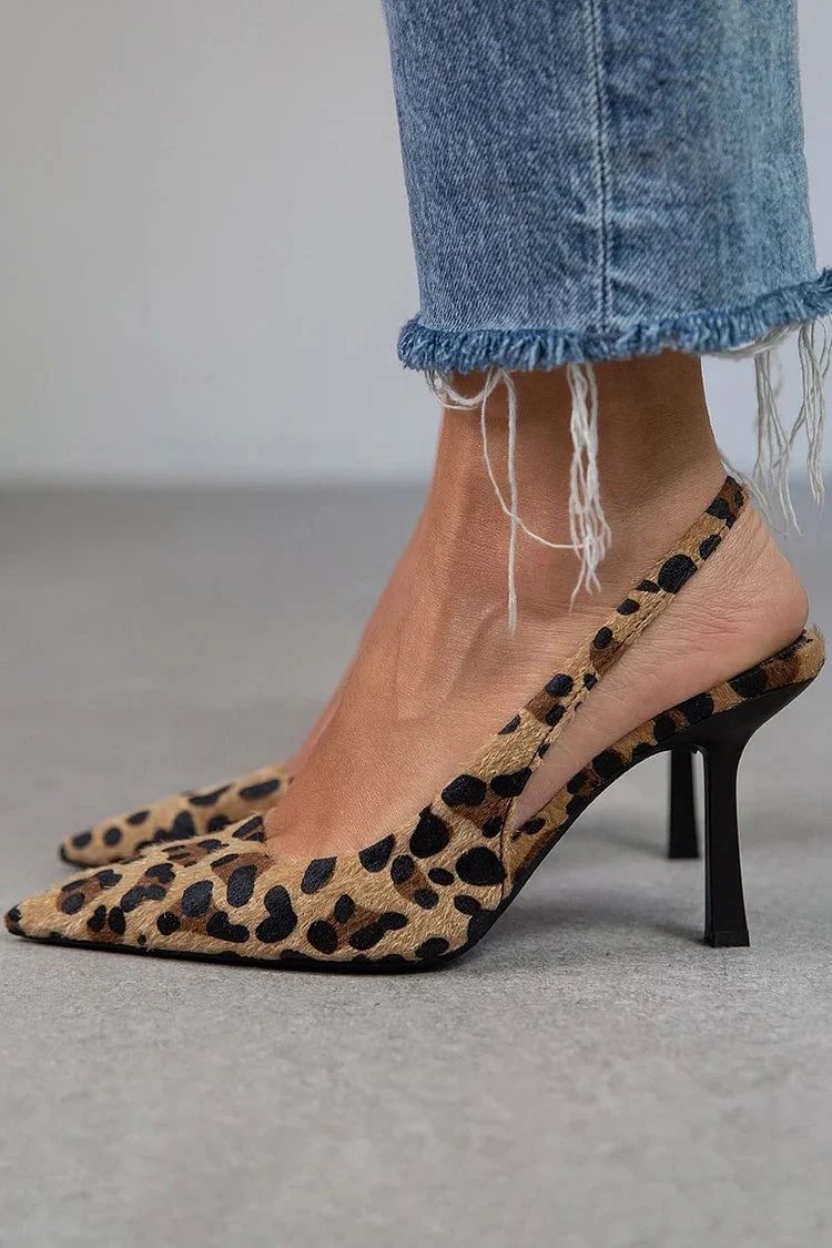 Khaki Leopard-Print Pointed-Toe Slingback Stilettos