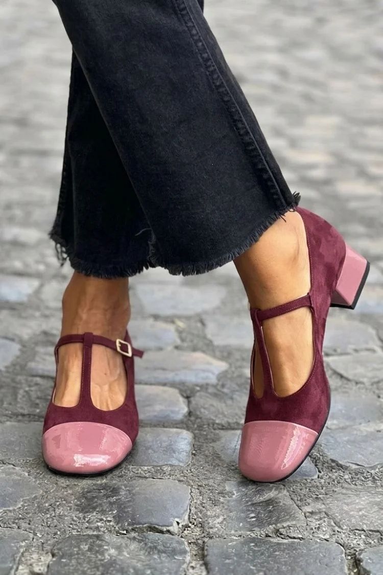 Purple Colour-Block Round-Toe Block Heels with Buckle and T-Bar Strap